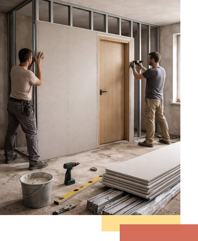 Перегородка из гипсокартона с дверью под ключ в Нефтеюганске