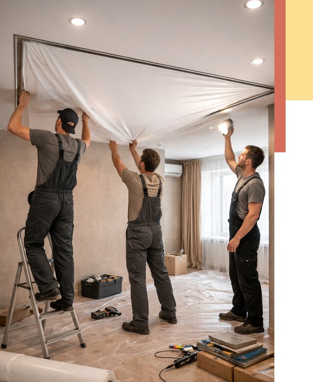 Монтаж ПВХ натяжного потолка в Нефтеюганске от 3559 руб. под ключ | ОТДЕЛОЧНИК-Нфт