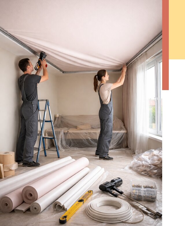 Монтаж цветного натяжного потолка в Нефтеюганске от 4271 руб/м² — быстро и недорого | ОТДЕЛОЧНИК-Нфт