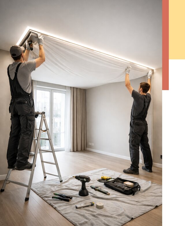 Монтаж парящего натяжного потолка в Нефтеюганске от 4576 руб. быстро и недорого | ОТДЕЛОЧНИК-Нфт