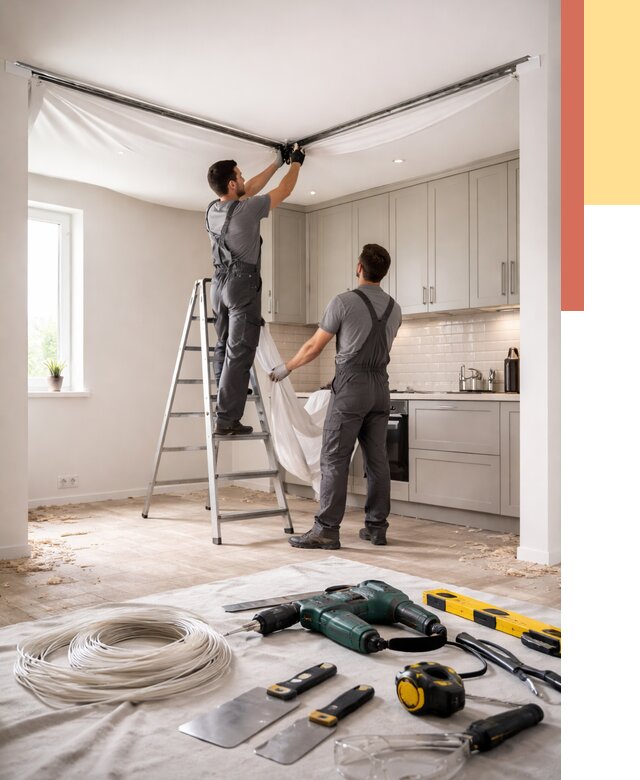 Установка натяжного потолка на кухне в Нефтеюганске от 2440 руб. | ОТДЕЛОЧНИК-Нфт