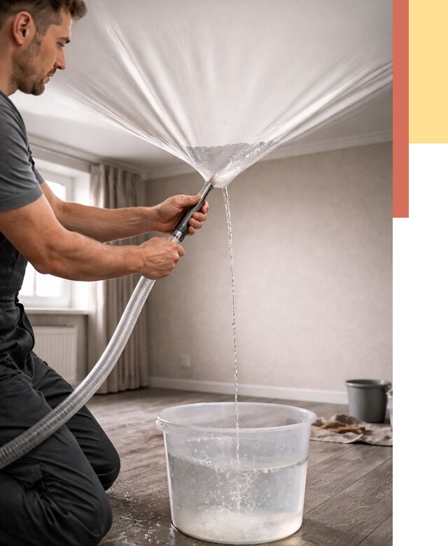 Слив воды с натяжного потолка в Нефтеюганске от 2542 руб. быстро и недорого | ОТДЕЛОЧНИК-Нфт