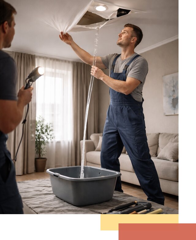 Слив воды с натяжного потолка в Нефтеюганске быстро и аккуратно